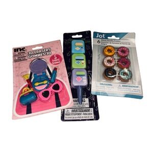 Lot of 3 Novelty Erasers Packs 3D Makeup Girly Donuts Gamer Stackable Pencil NWT